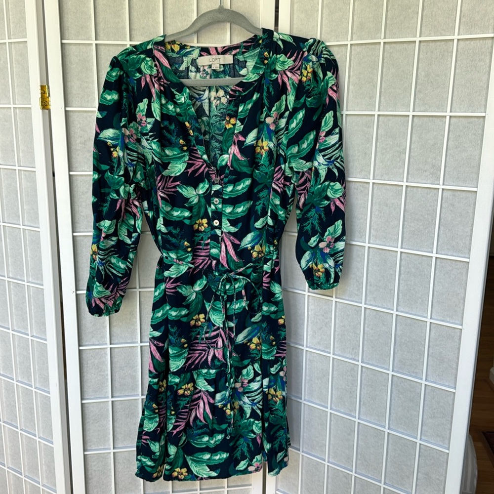 LOFT | Palm Tropical Print Tie Waist Sundress | Size M